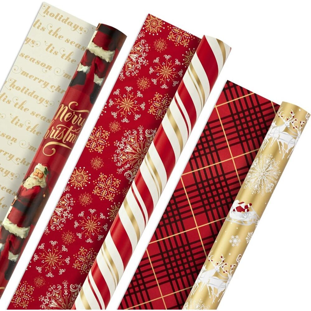 Christmas Wrapping Paper Rolls - Traditional Holiday Gift Wrap Paper Set of 3 Re